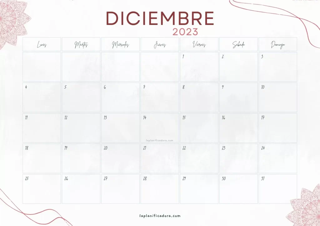 Calendario Diciembre 2023 aesthetic