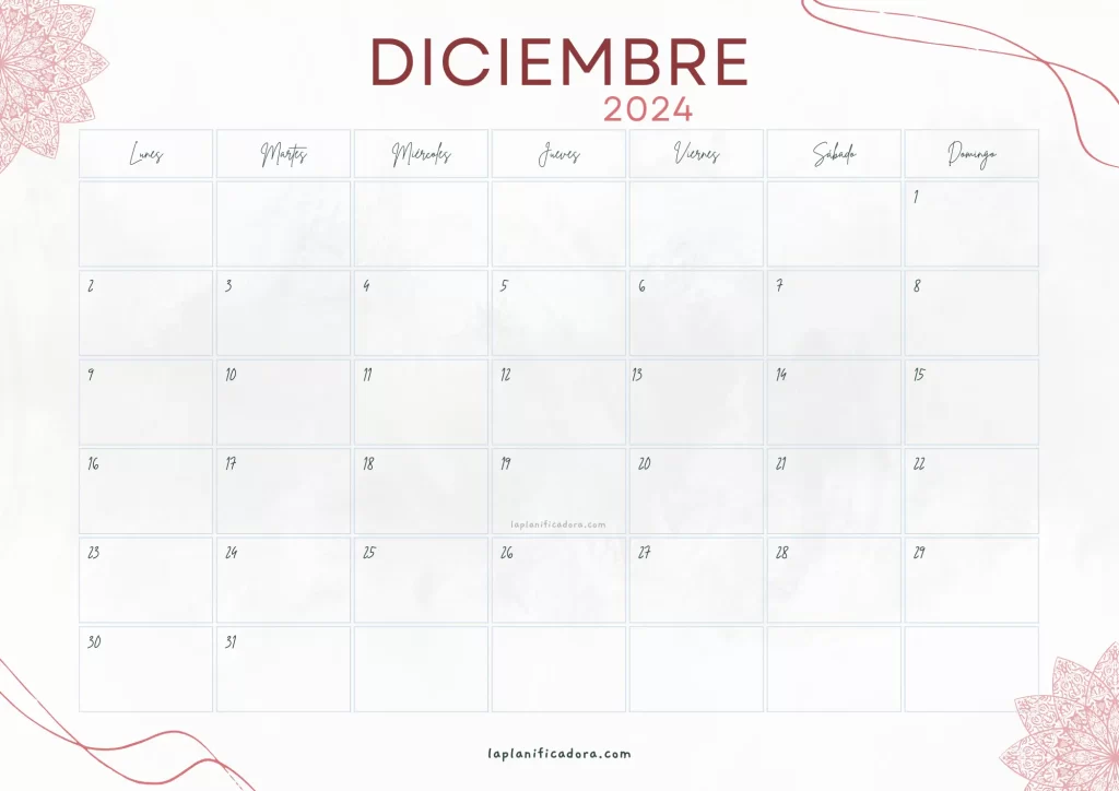 Calendario Diciembre 2024 aesthetic