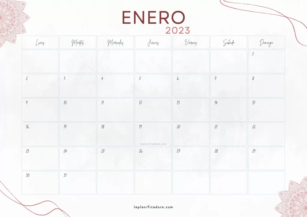 Calendario Enero 2023 aesthetic