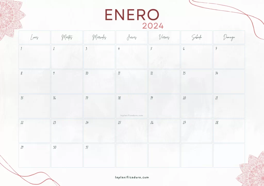 Calendario Enero 2024 aesthetic