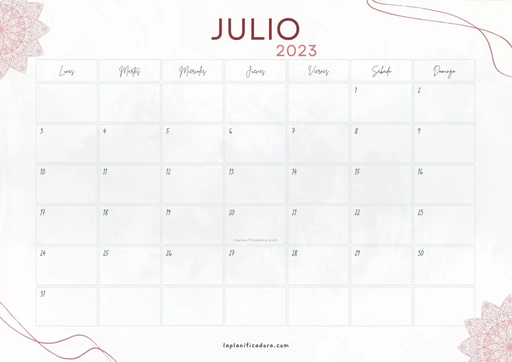 Calendario Julio 2023 aesthetic