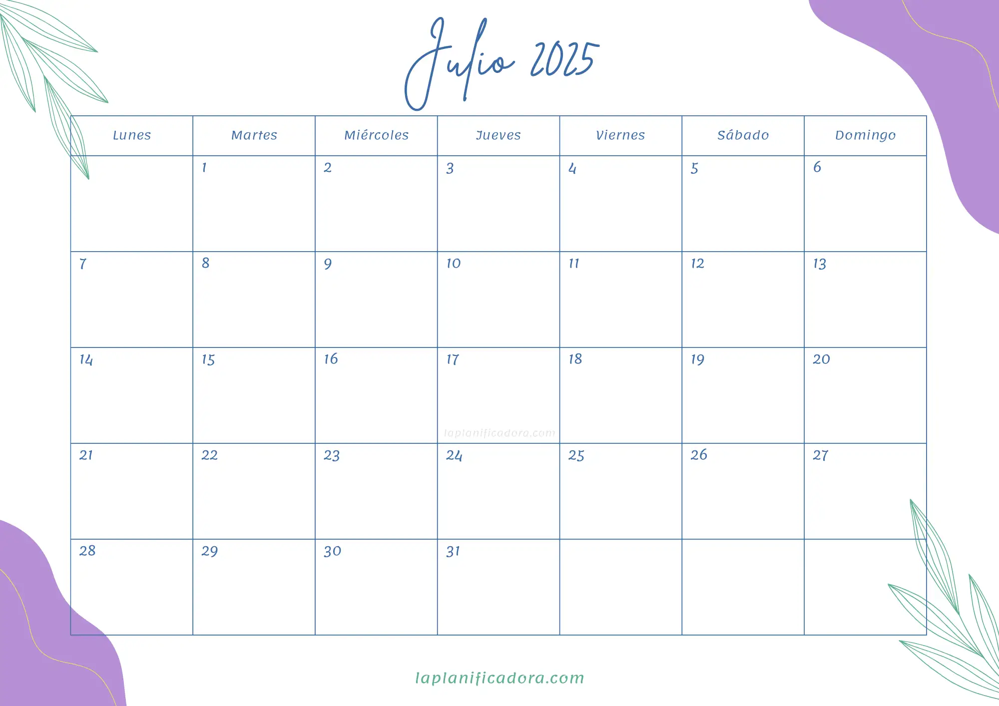 Calendarios Julio 2025 💜 para imprimir