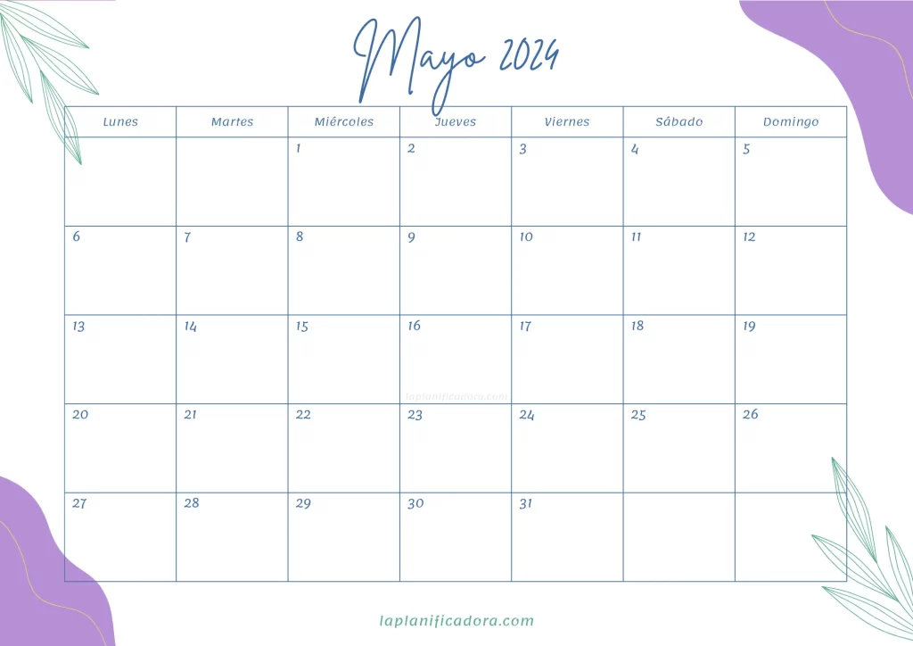 Calendario Mayo 2024 bonito
