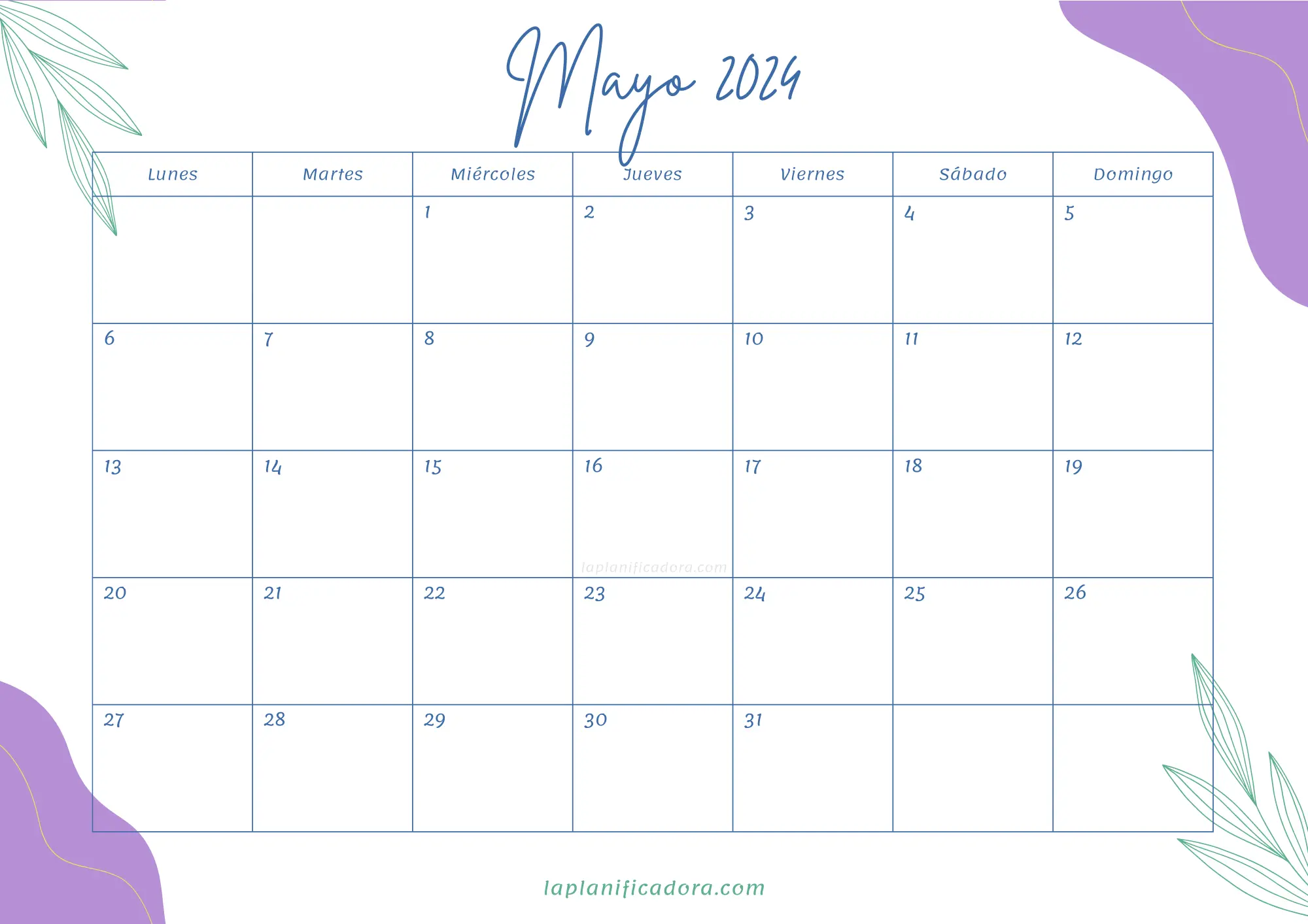 Calendario Mayo Calendarios Mayo 2024 💜​ para imprimir