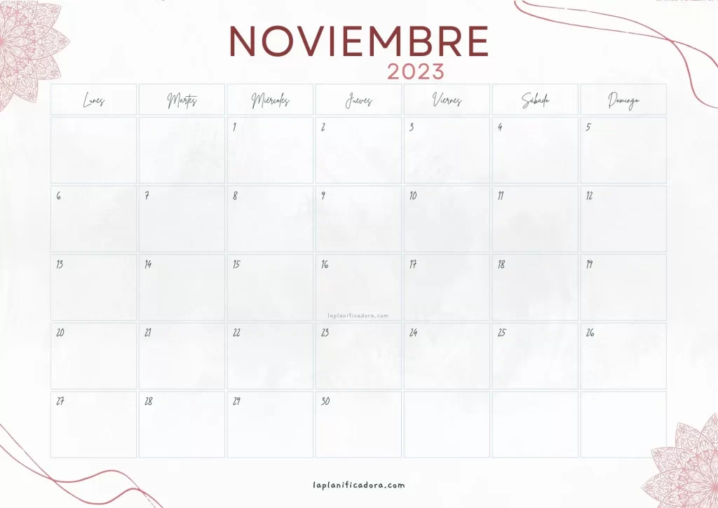 Calendario Noviembre 2023 aesthetic