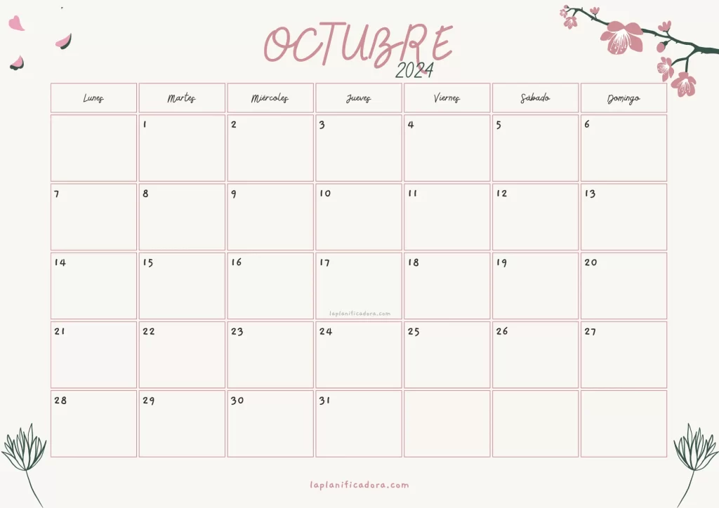 Calendario Octubre 2024 flores