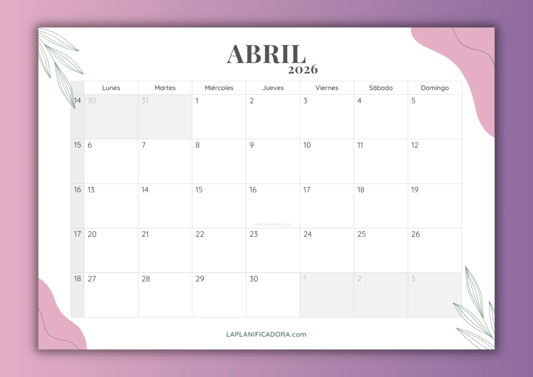 Calendario de Abril 2026 para imprimir 💜 La Planificadora