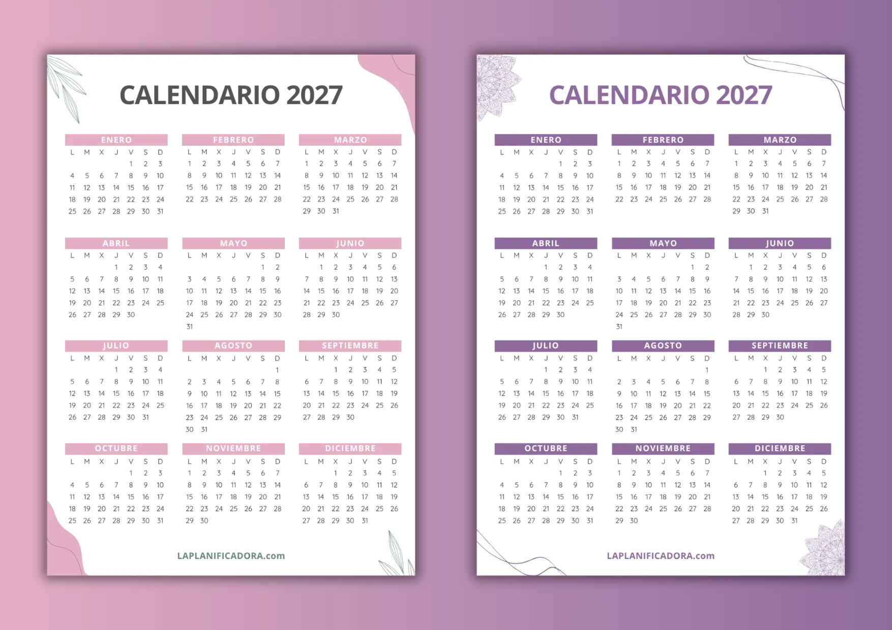 Calendarios año 2027 bonitos
