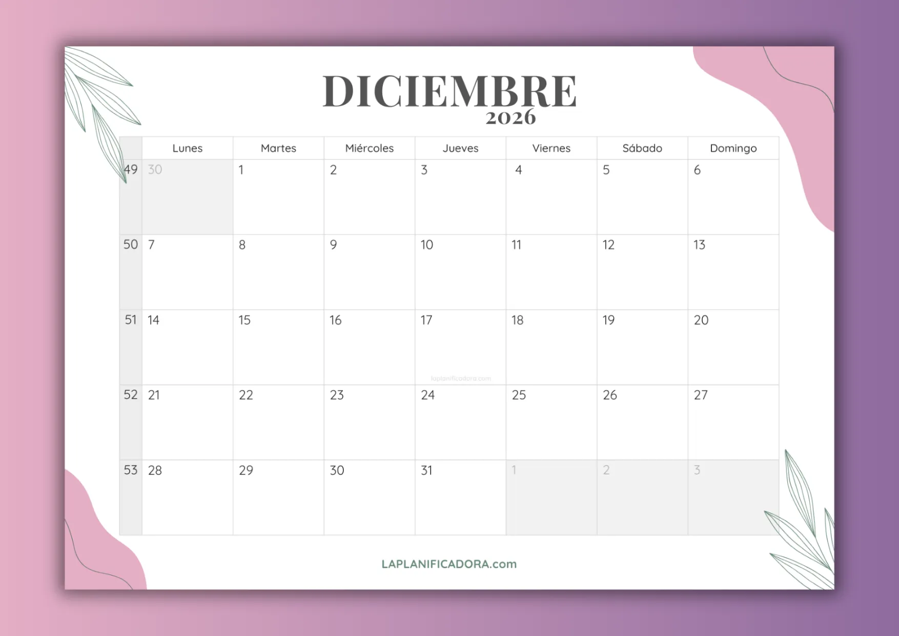 Calendario de Diciembre 2026 para imprimir 💜 La Planificadora