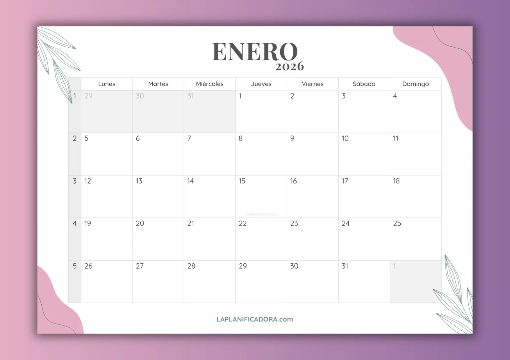 Calendario de Enero 2026 para imprimir 💜 La Planificadora