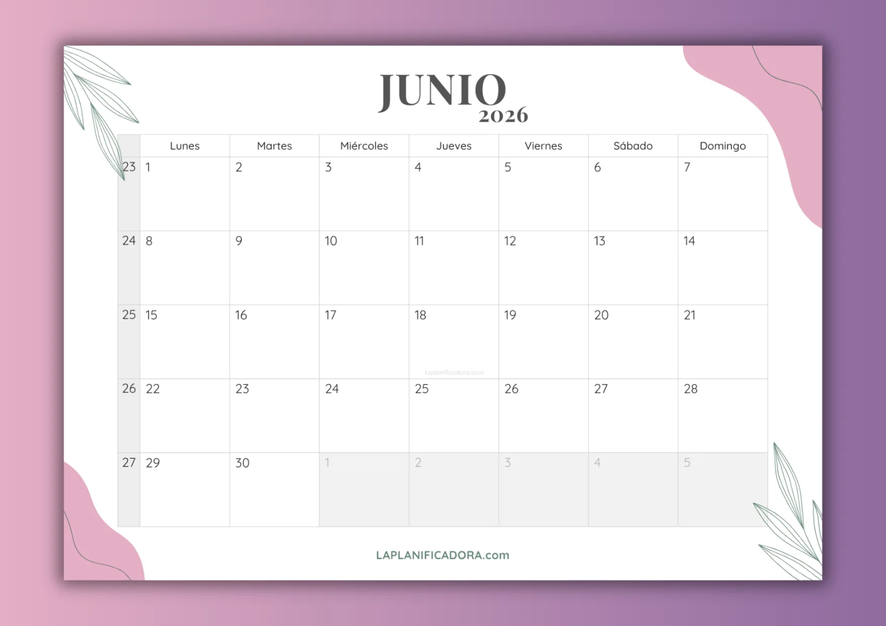Calendario de Junio 2026 para imprimir 💜 La Planificadora