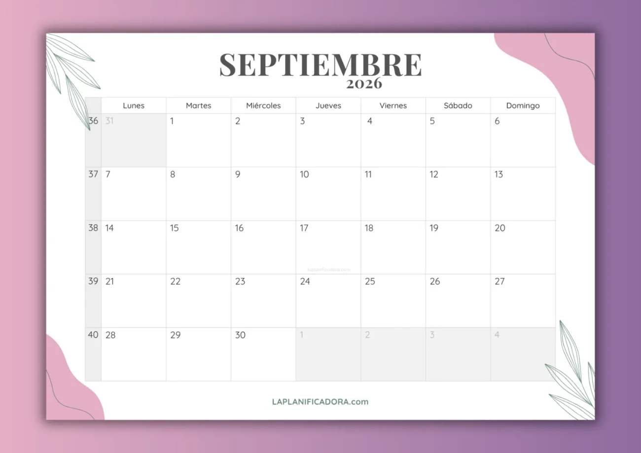 Calendarios septiembre 2026 mensual para imprimir
