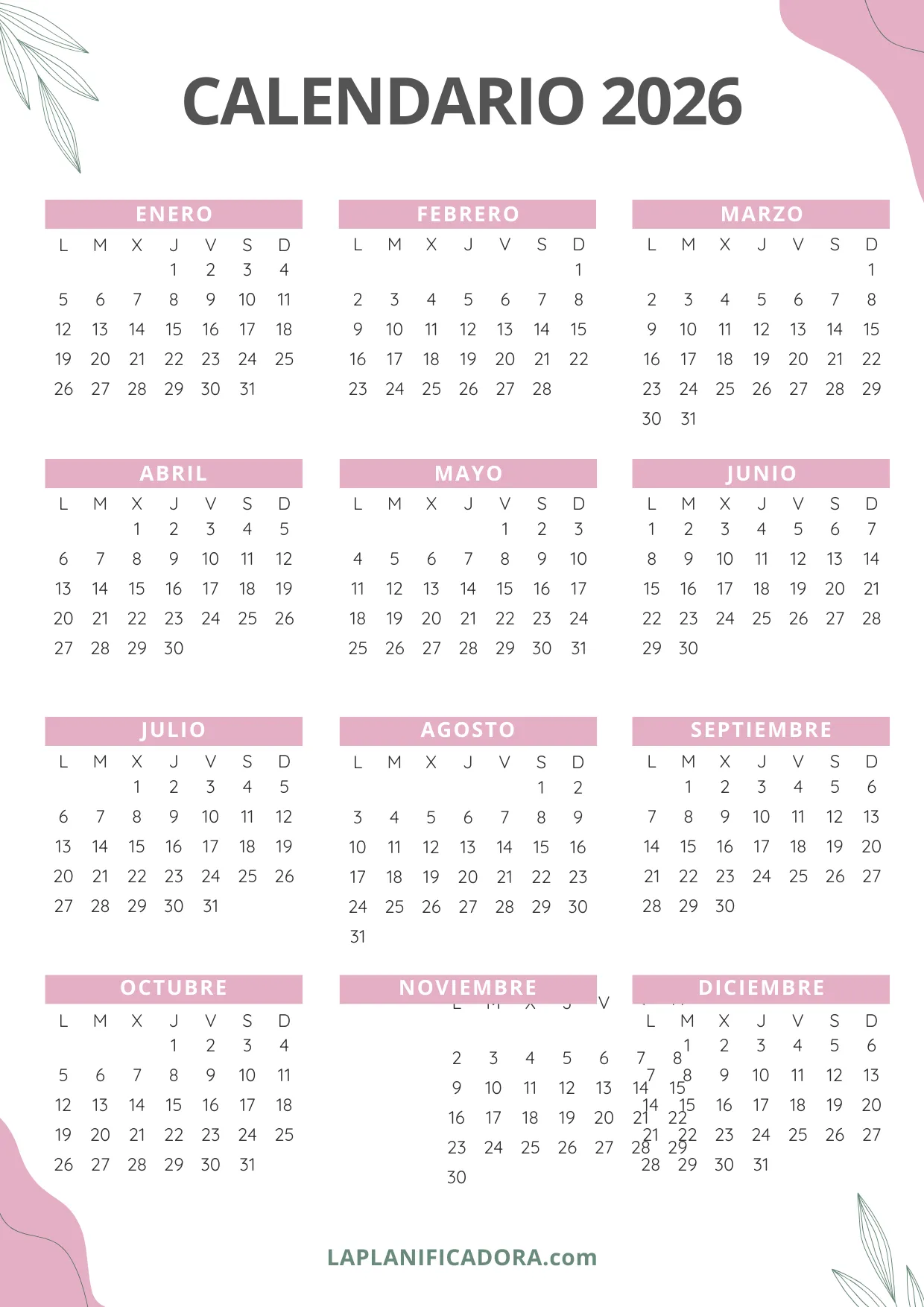 calendario 2026 floral para imprimir