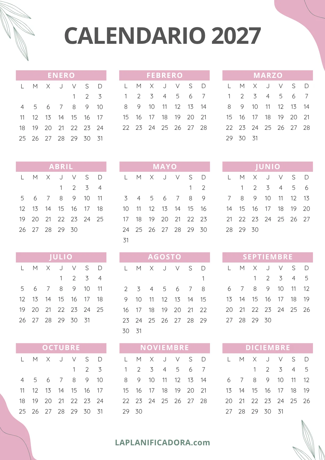 calendario 2027 floral para imprimir