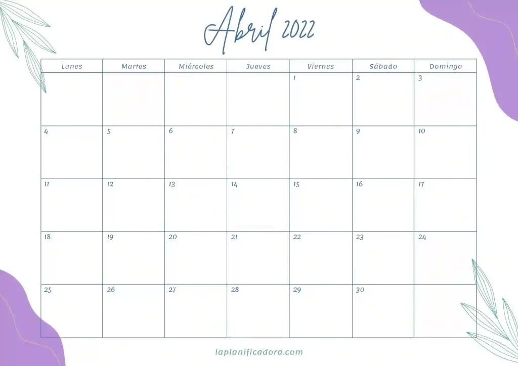 calendario abril 2022 bonito