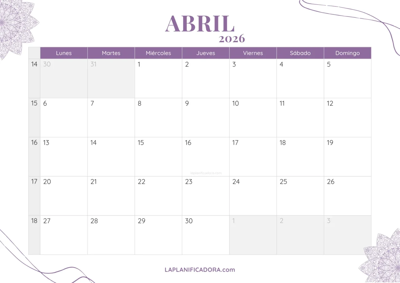 calendario abril 2026 aesthetic gratis