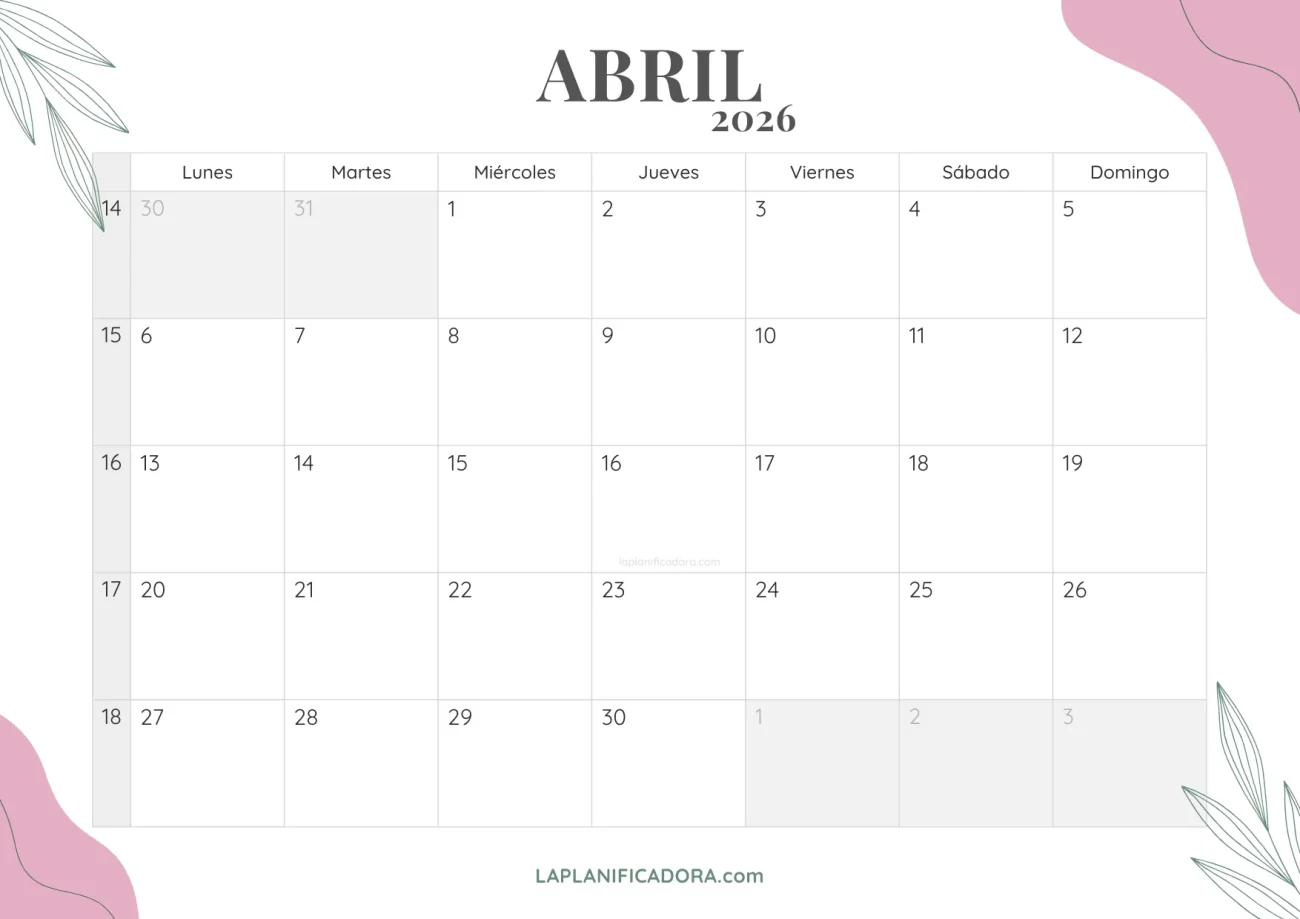 calendario abril 2026 floral para imprimir