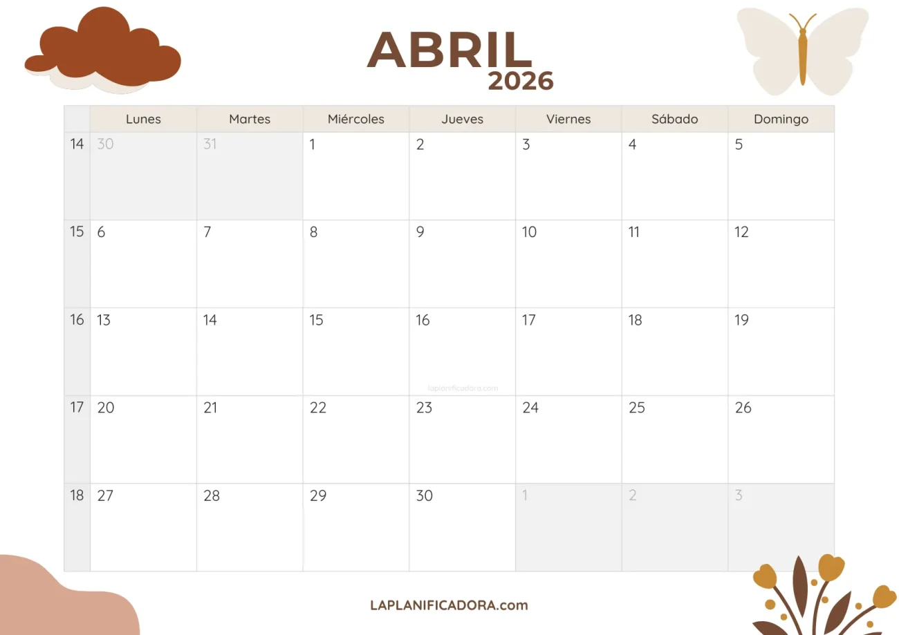 calendario abril 2026 minimal descargable