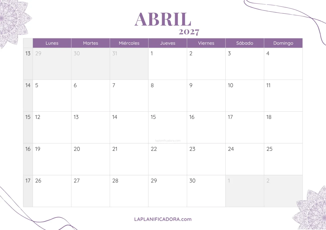 calendario abril 2027 aesthetic gratis