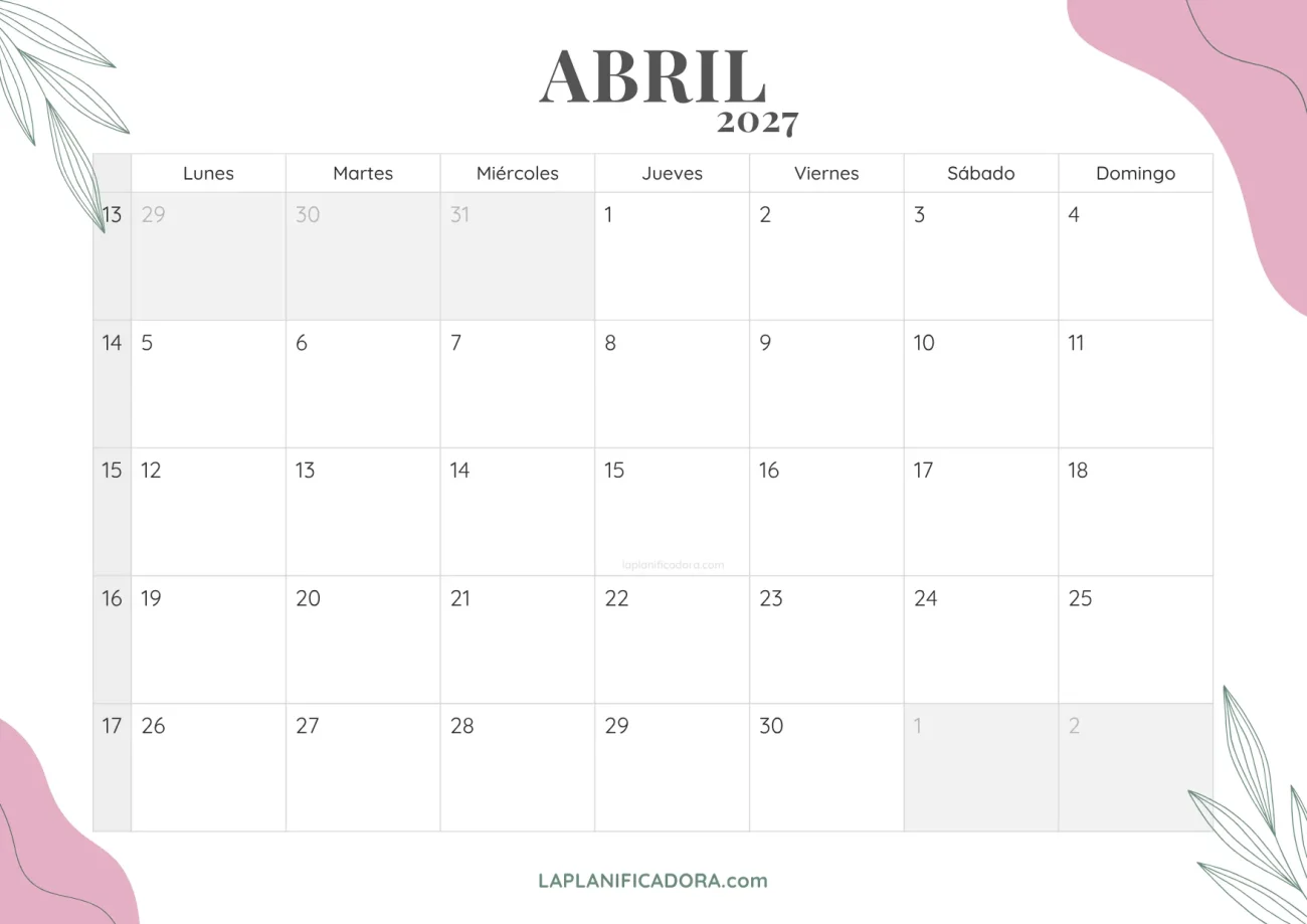 calendario abril 2027 floral para imprimir