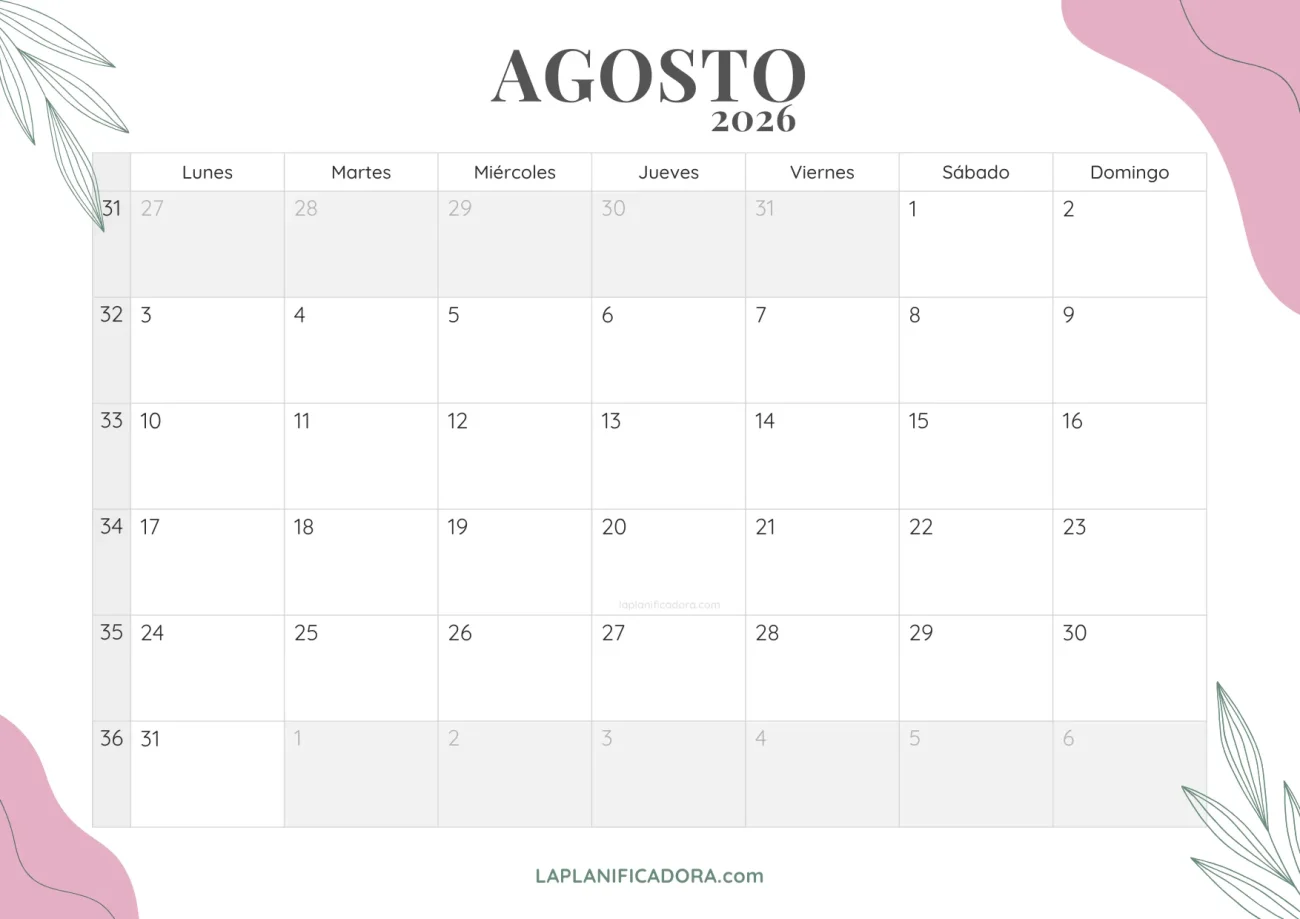 calendario agosto 2026 floral para imprimir