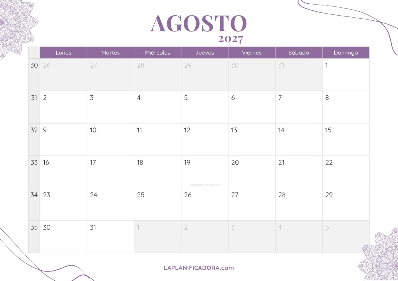 calendario agosto 2027 aesthetic gratis