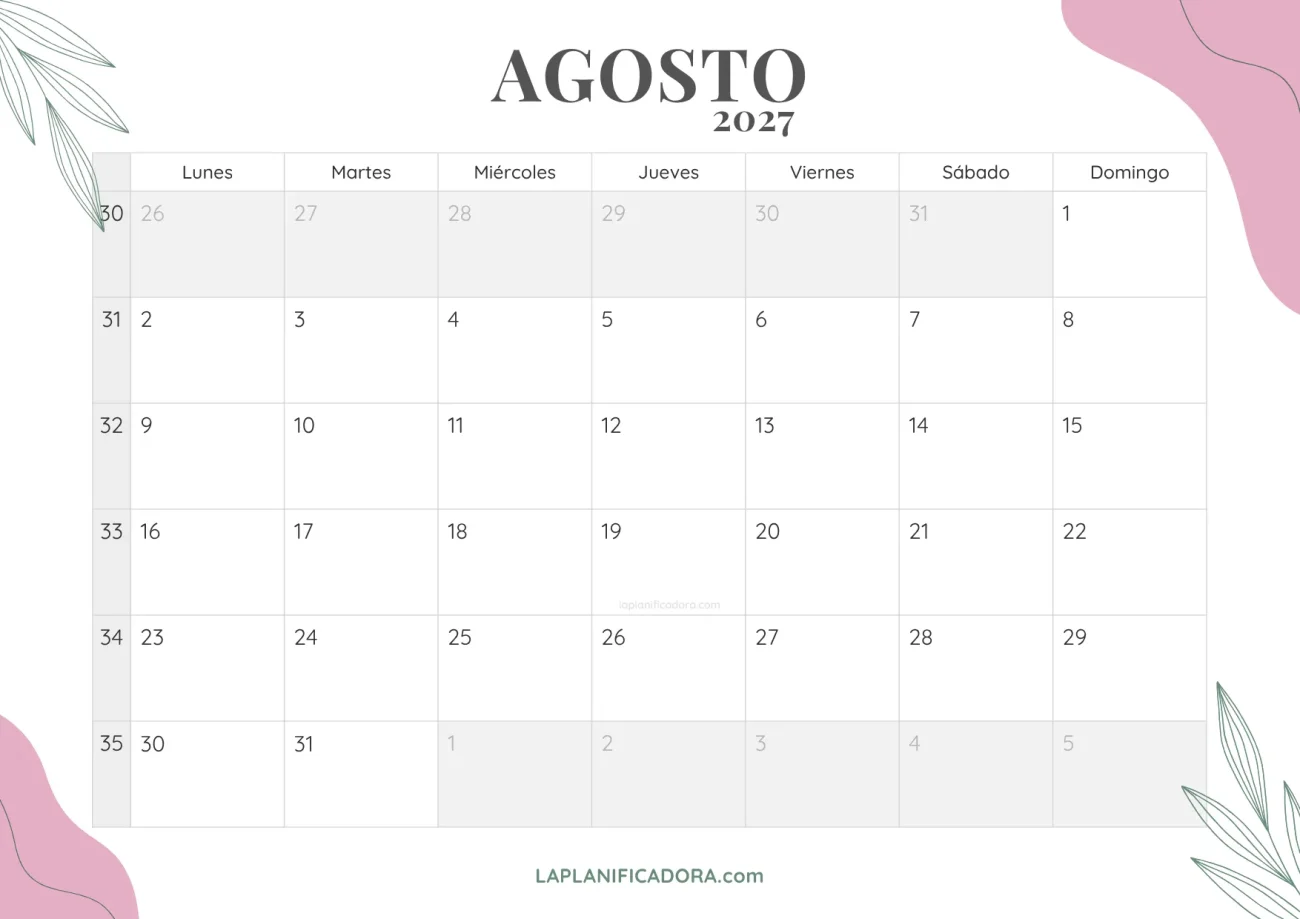 calendario agosto 2027 floral para imprimir