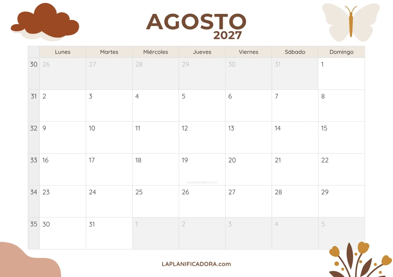 calendario agosto 2027 minimal descargable