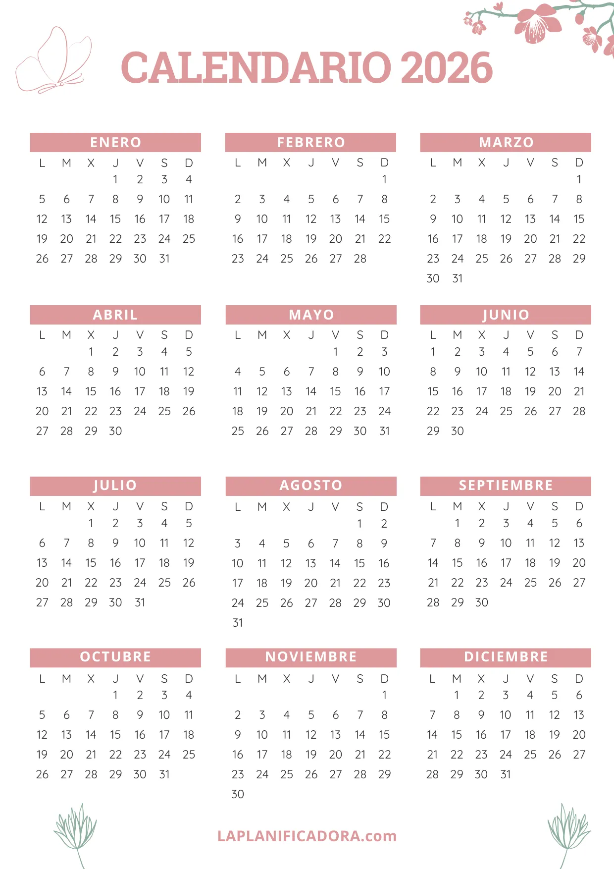 calendario año 2026 botanica en pdf