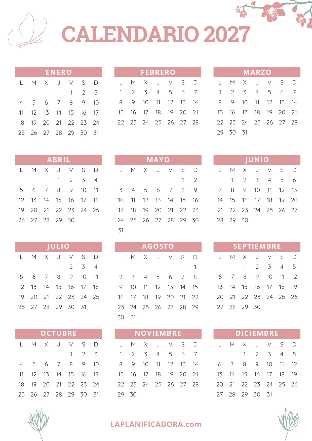 calendario año 2027 botanica en pdf