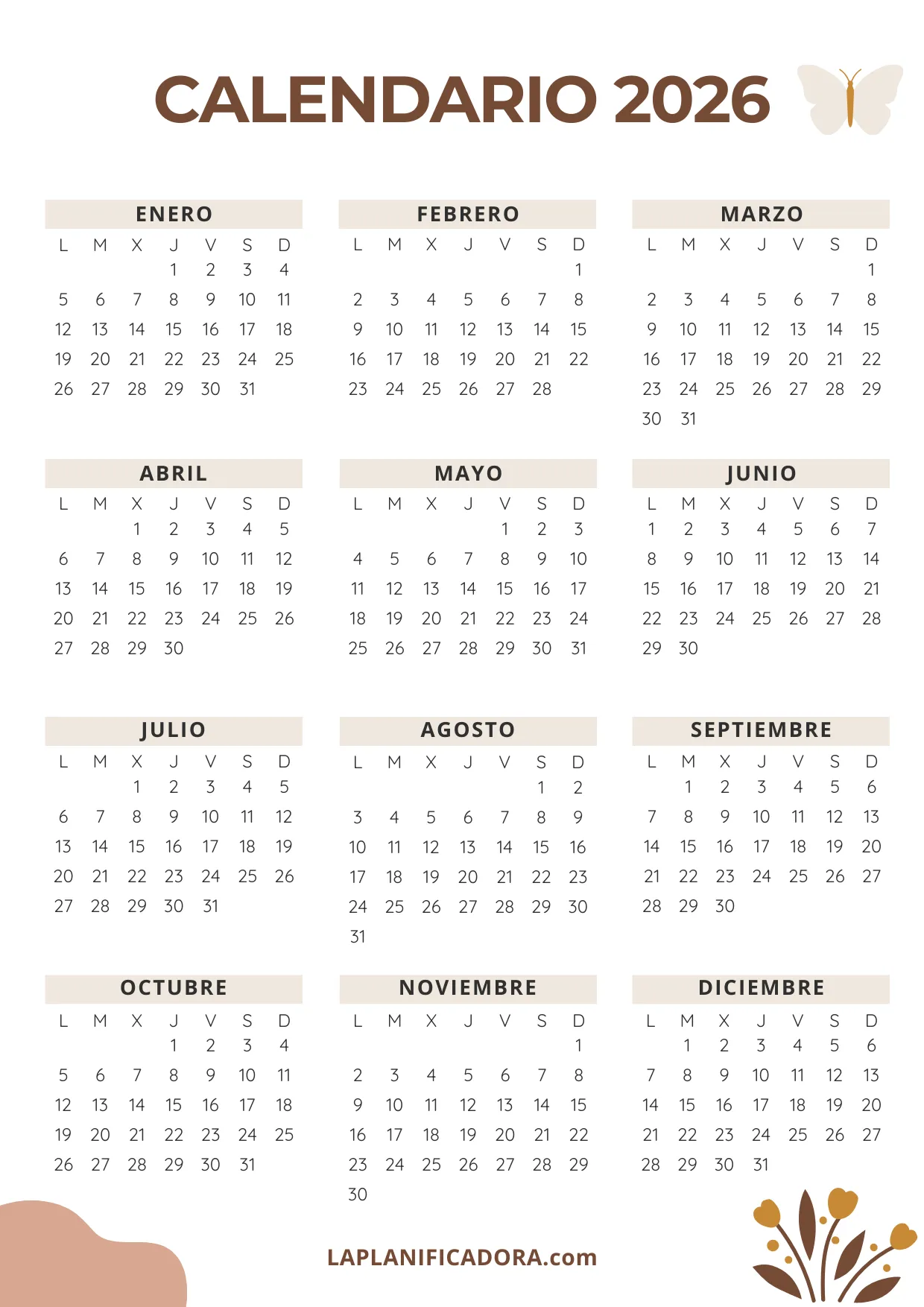 calendario anual 2026 minimal descargable