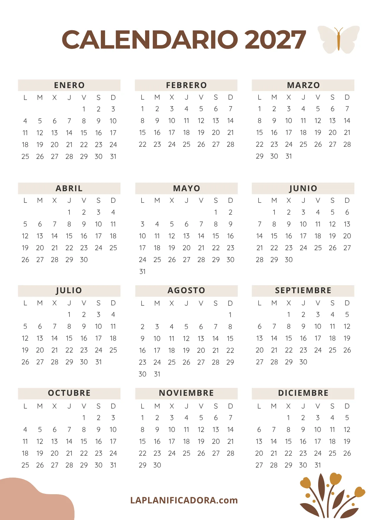 calendario anual 2027 minimal descargable