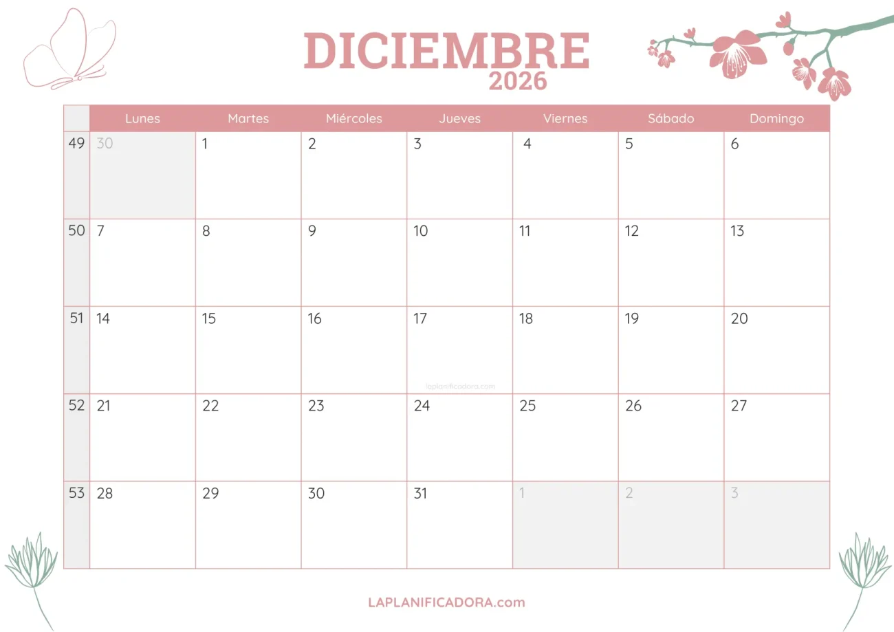 calendario diciembre 2026 botanica en pdf