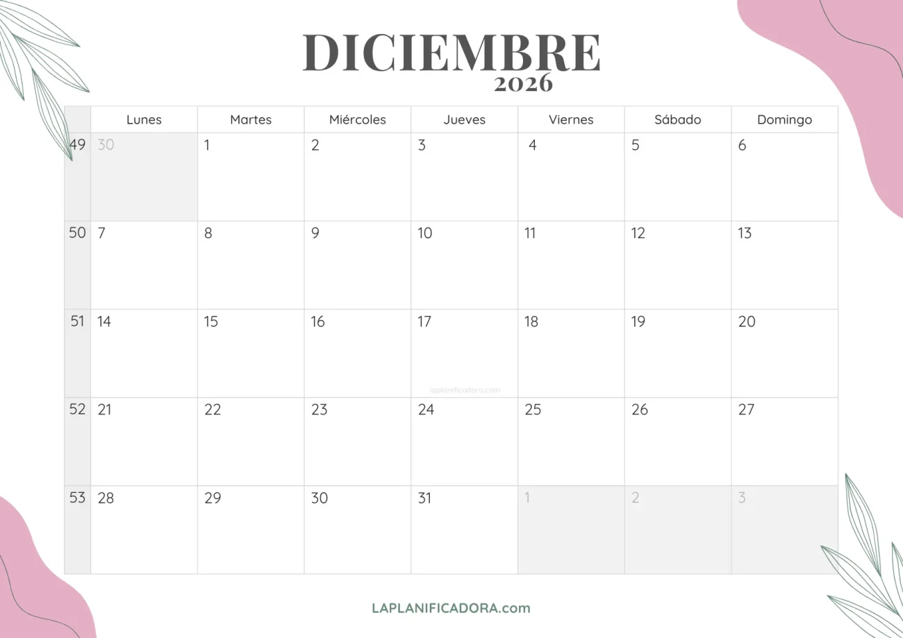 calendario diciembre 2026 floral para imprimir
