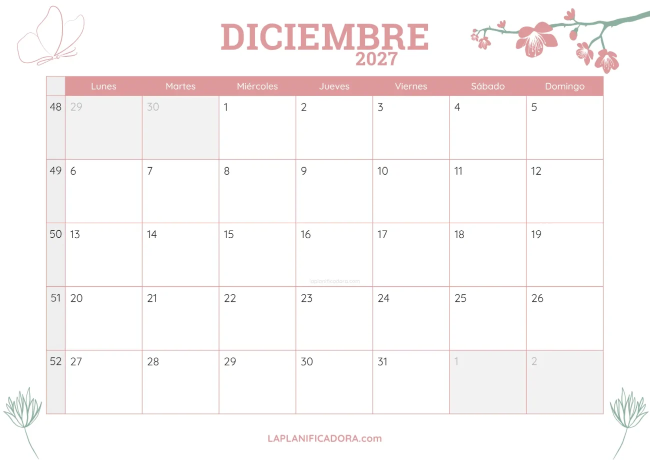 calendario diciembre 2027 botanica en pdf