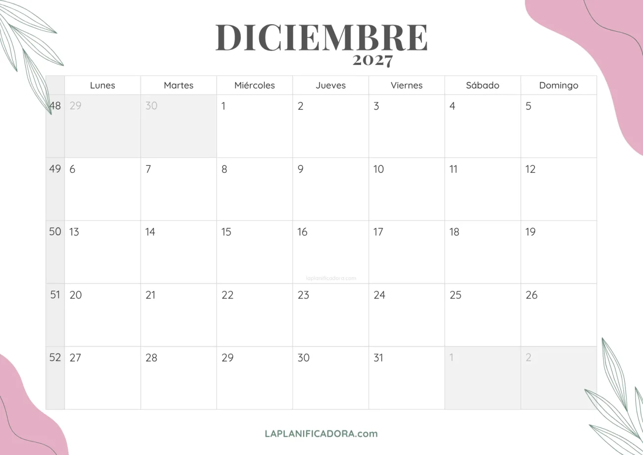 calendario diciembre 2027 floral para imprimir