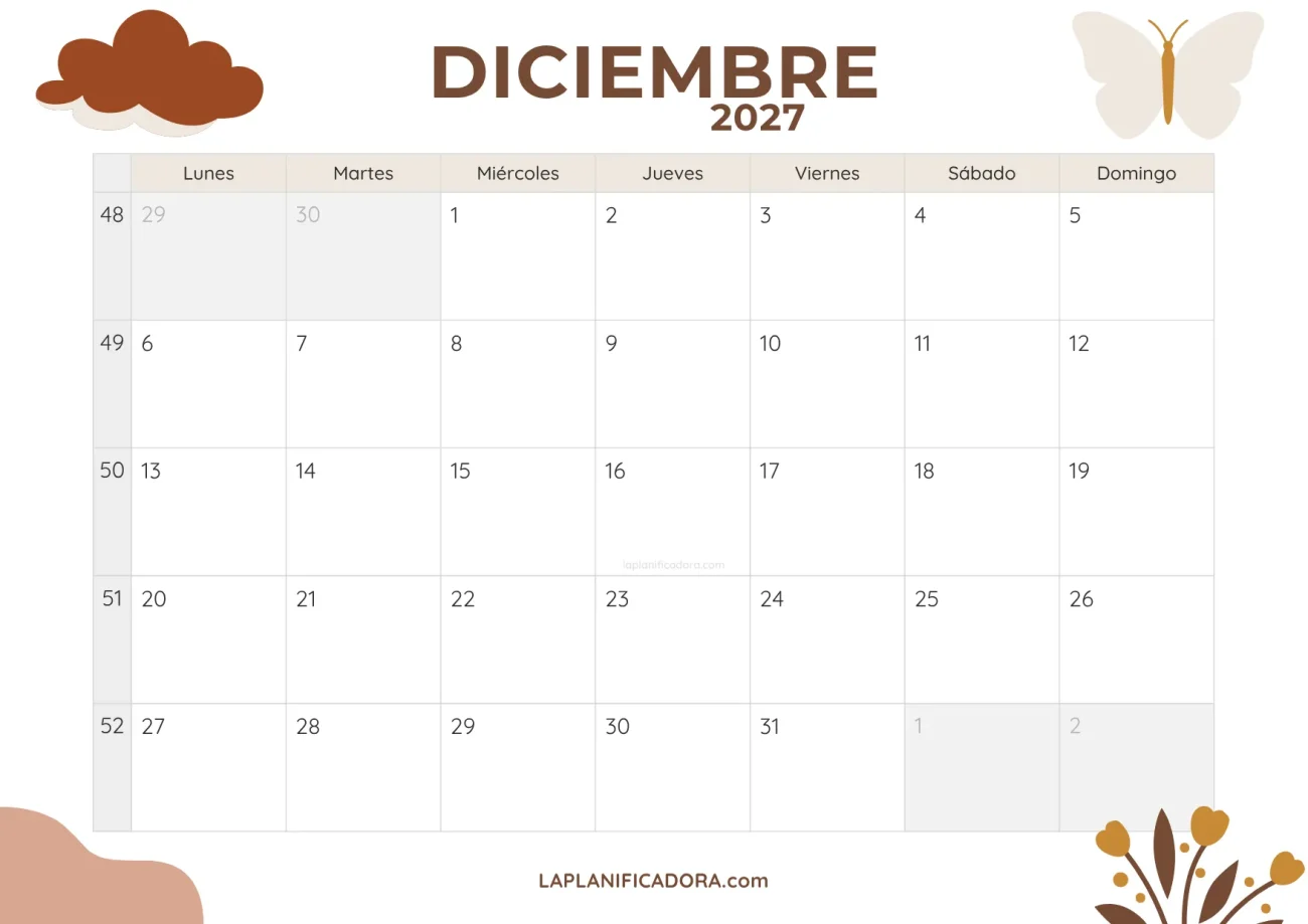 calendario diciembre 2027 minimal descargable