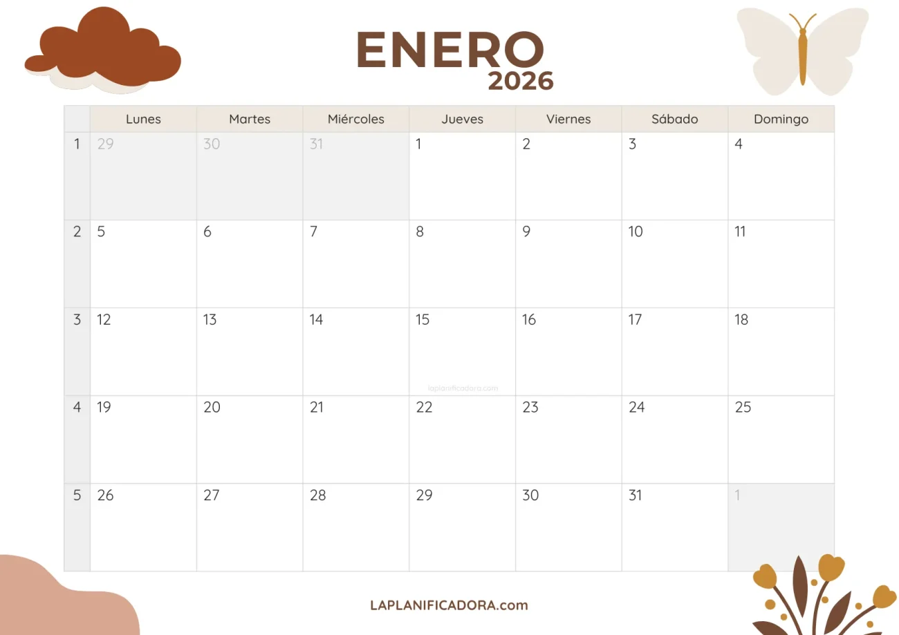 Calendario de Enero 2026 para imprimir 💜 La Planificadora
