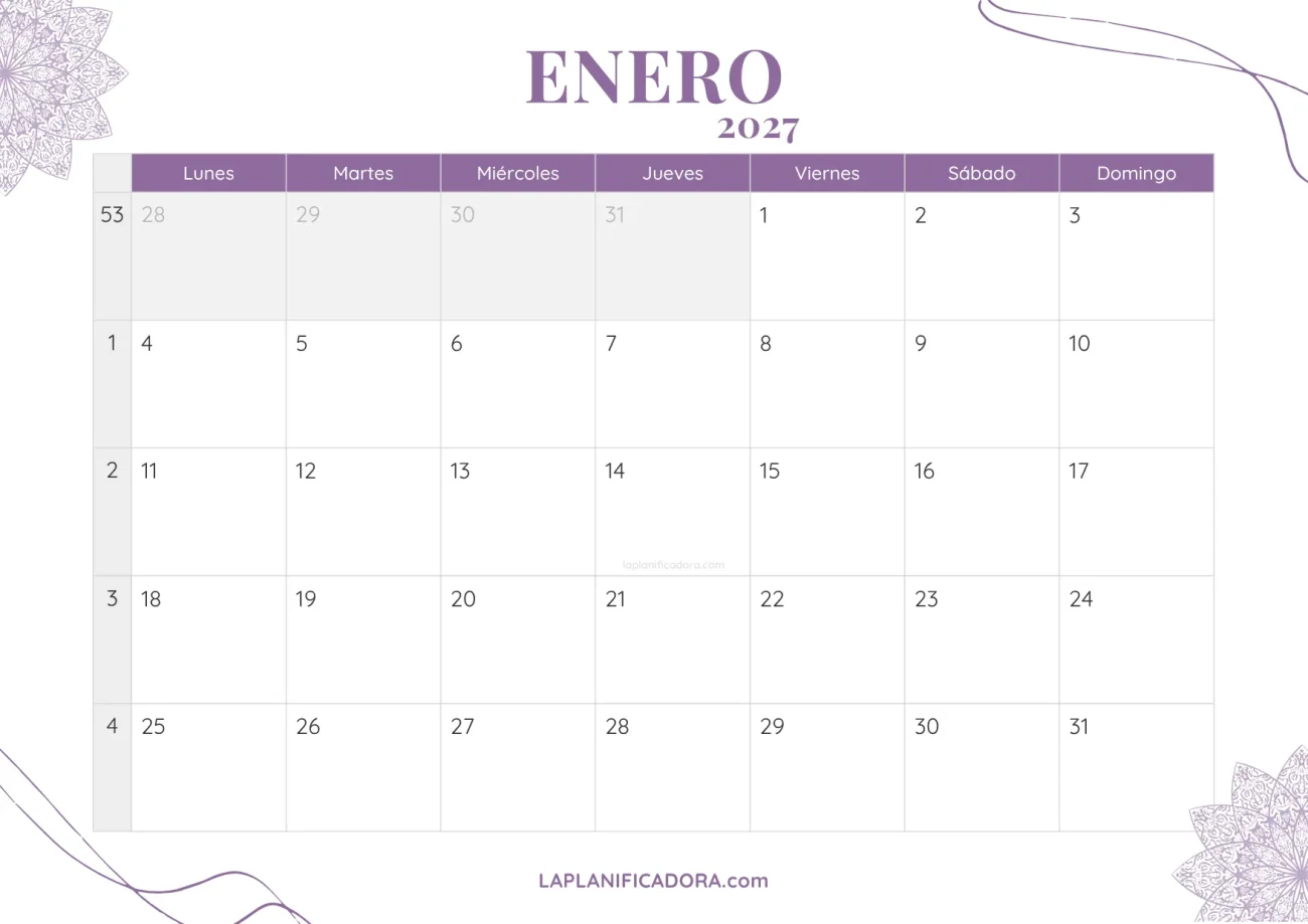 calendario enero 2027 aesthetic gratis