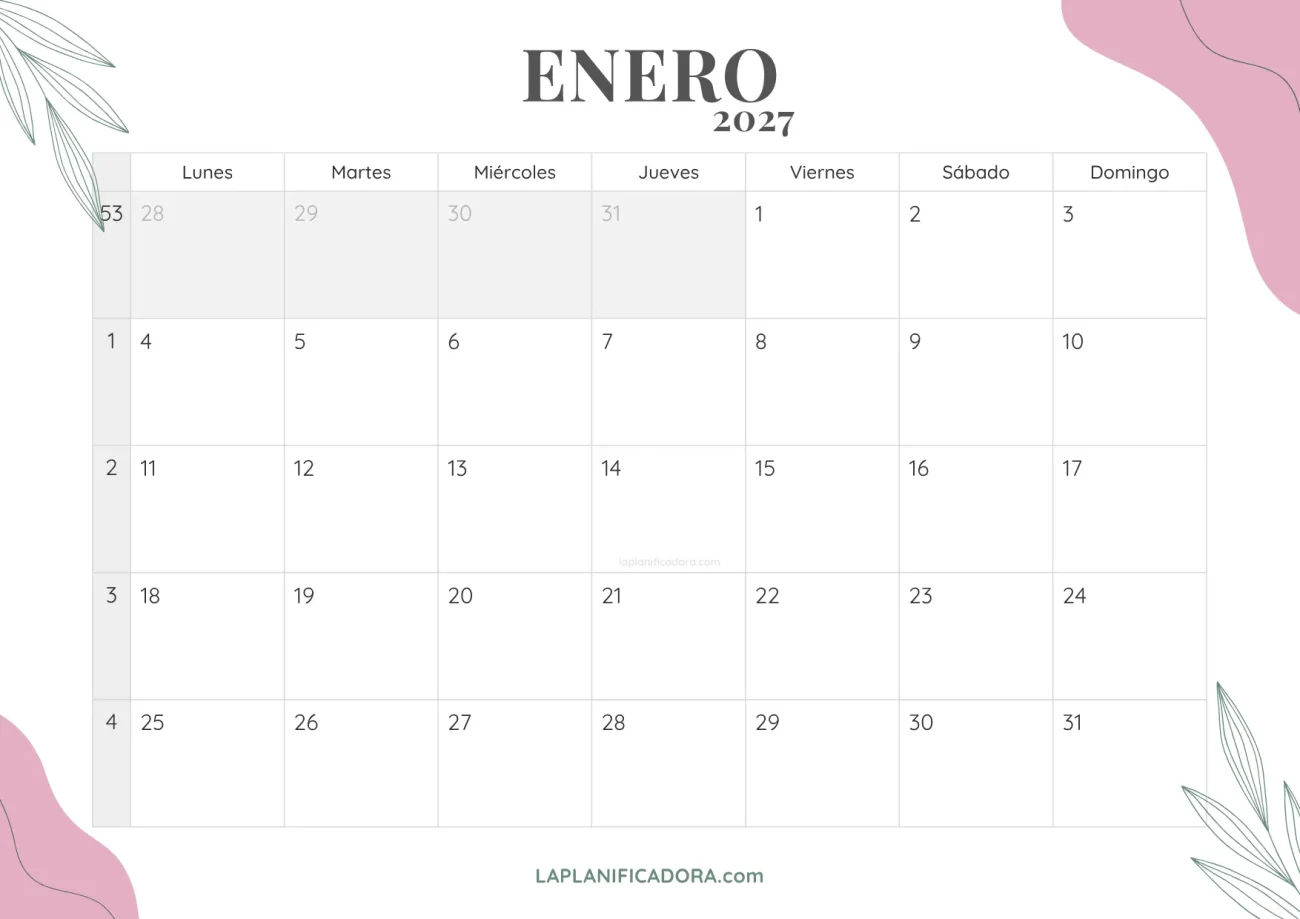 calendario enero 2027 floral para imprimir