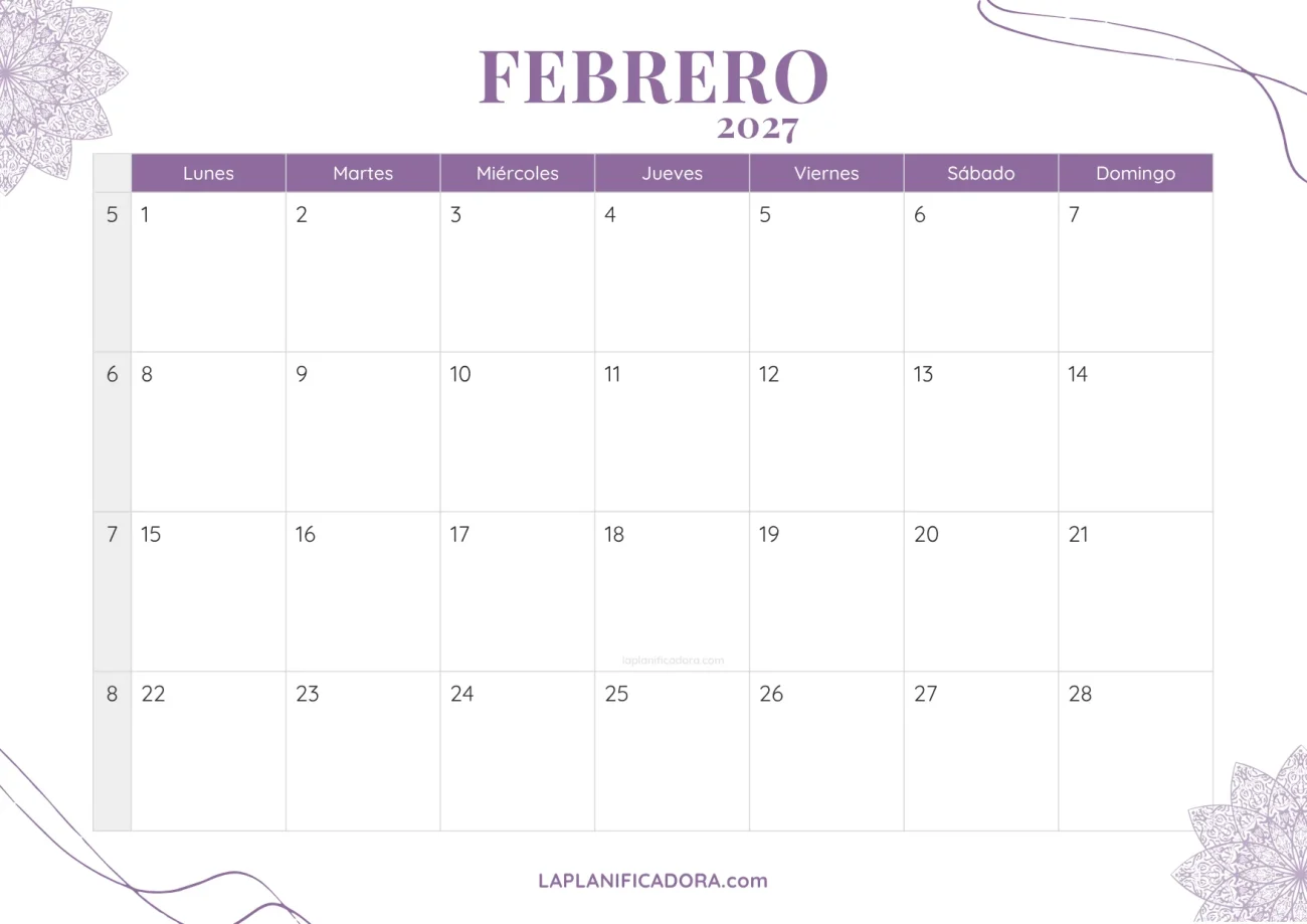 calendario febrero 2027 aesthetic gratis