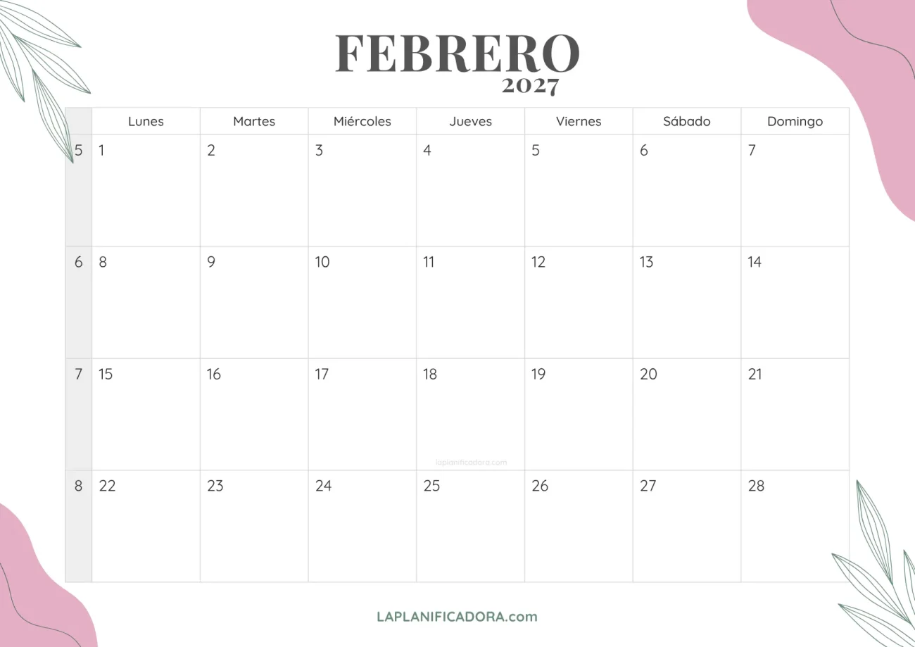 calendario febrero 2027 floral para imprimir