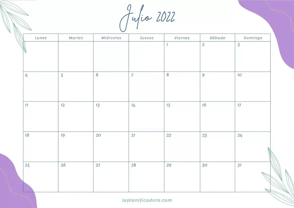 calendario julio 2022 bonito