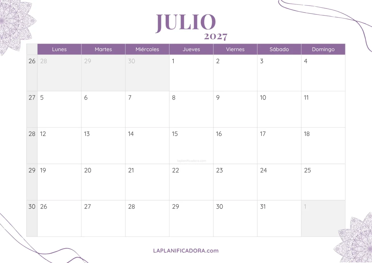 calendario julio 2027 aesthetic gratis