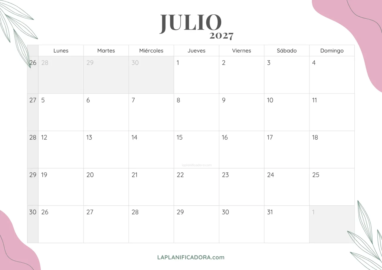 calendario julio 2027 floral para imprimir