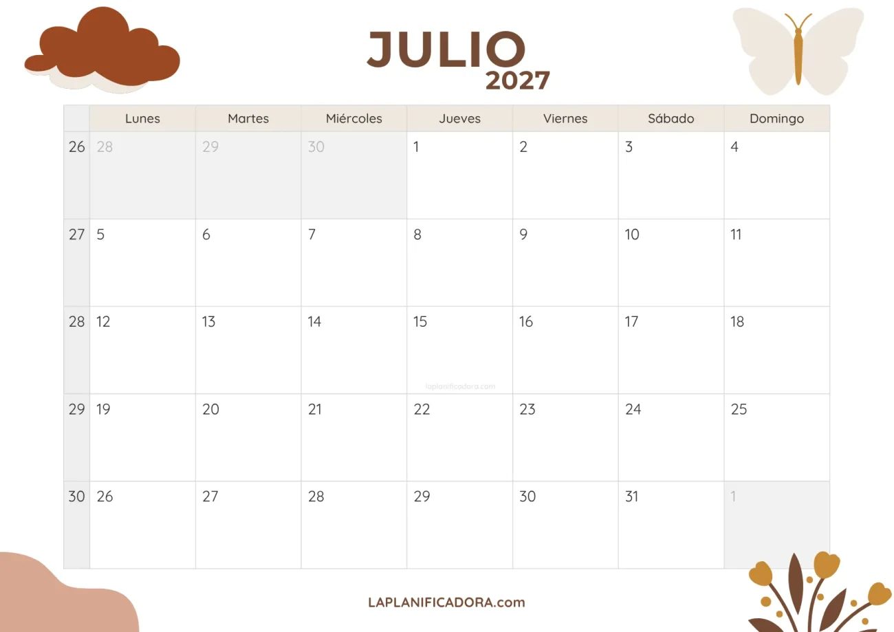 calendario julio 2027 minimal descargable