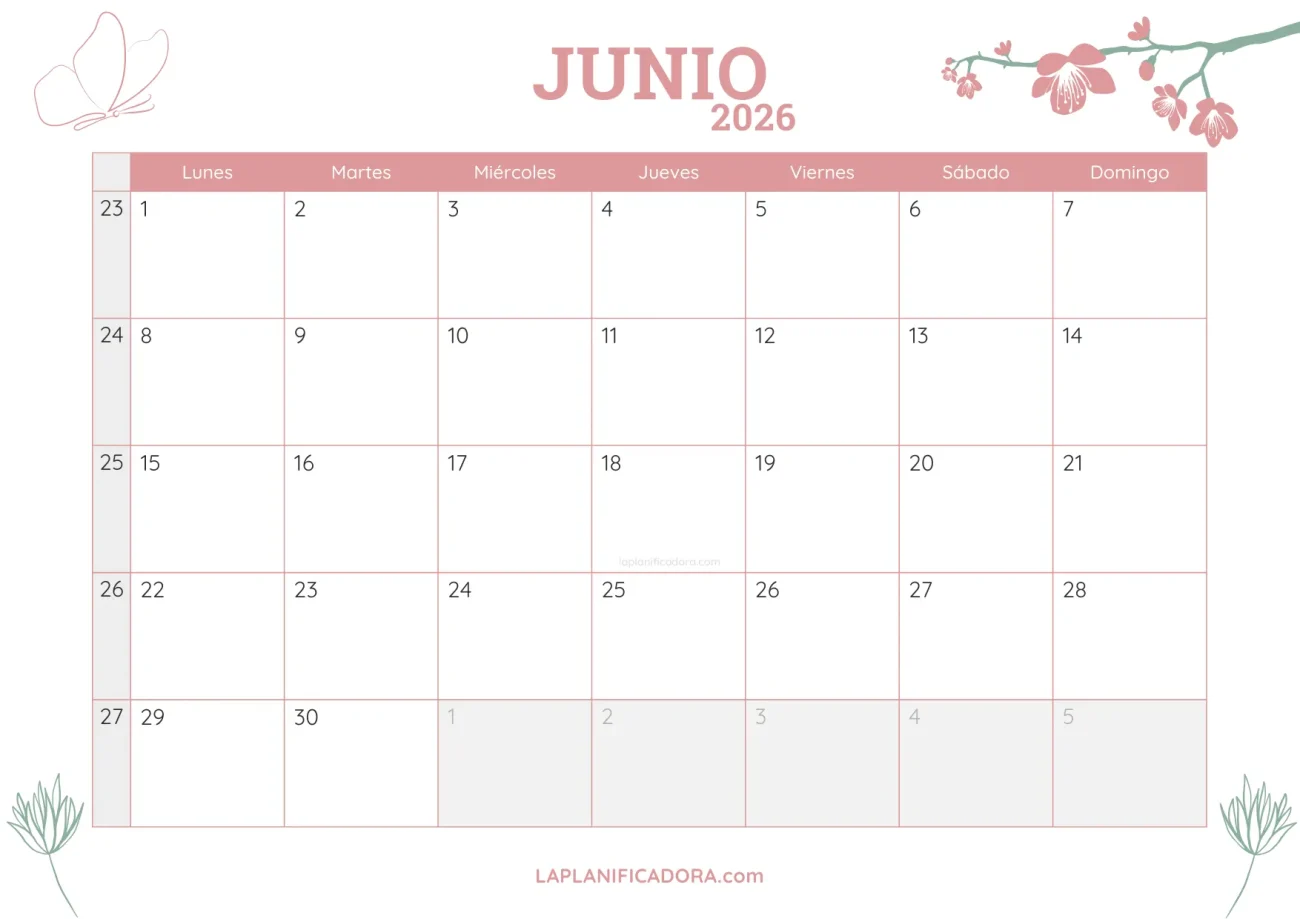 Calendario de Junio 2026 para imprimir 💜 La Planificadora