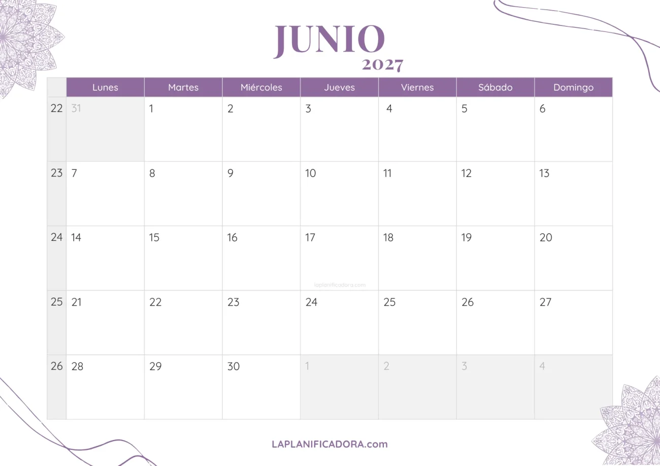 calendario junio 2027 aesthetic gratis