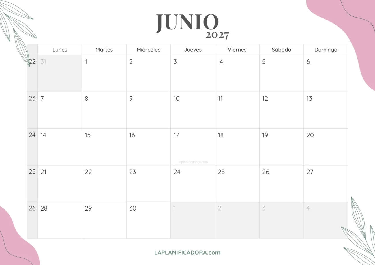 calendario junio 2027 floral para imprimir