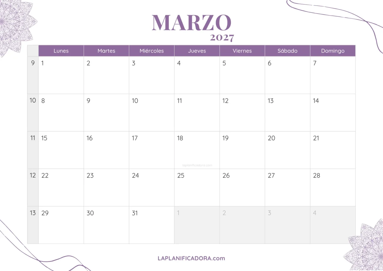 calendario marzo 2027 aesthetic gratis
